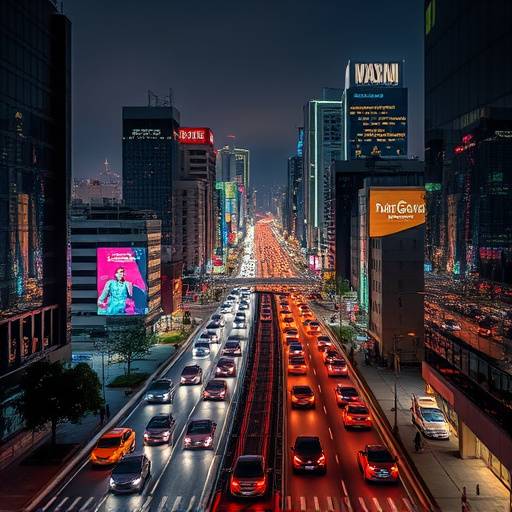 A captivating bustling urban cityscape location at night.