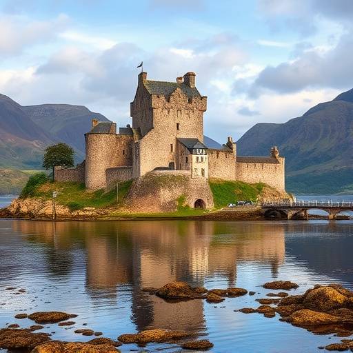 Eilean Donan Castle in the Scottish Highlands, surrounded by water