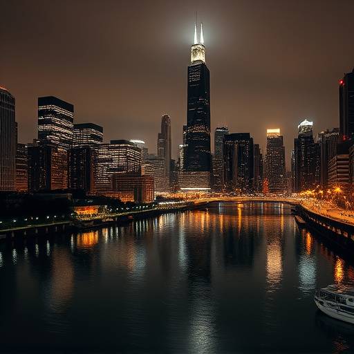 Night view of the Chicago skyline from across the river